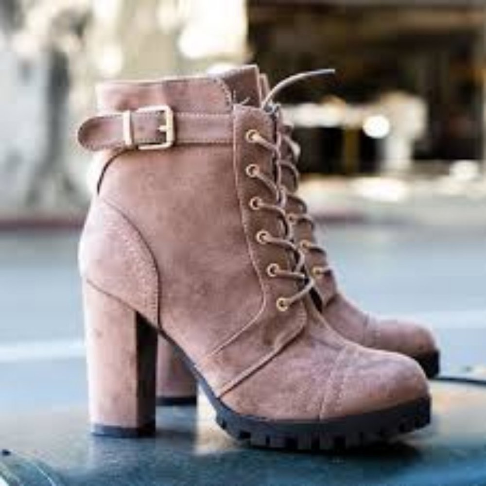 Suede Lace-Up Block Heel Bootie